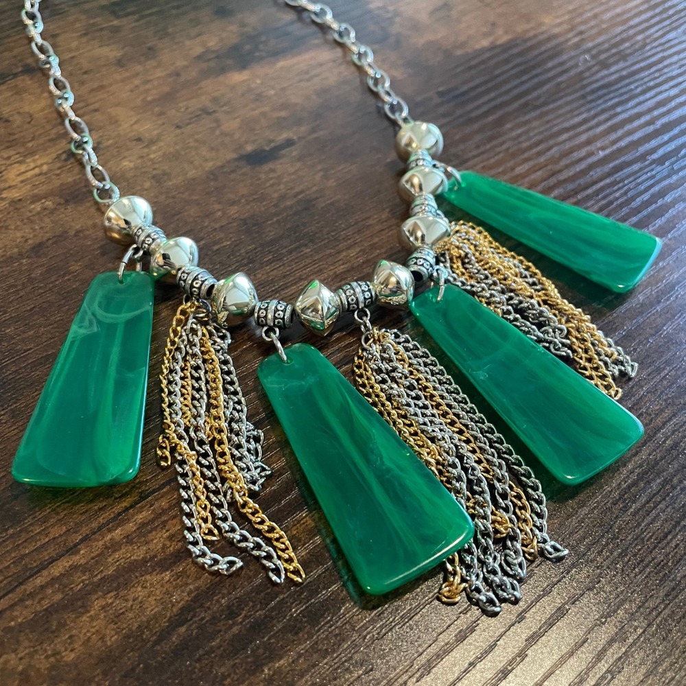 Womens Statement Necklace Green Resin Mixed Metal Fringe Bib Bohemian Jewelry